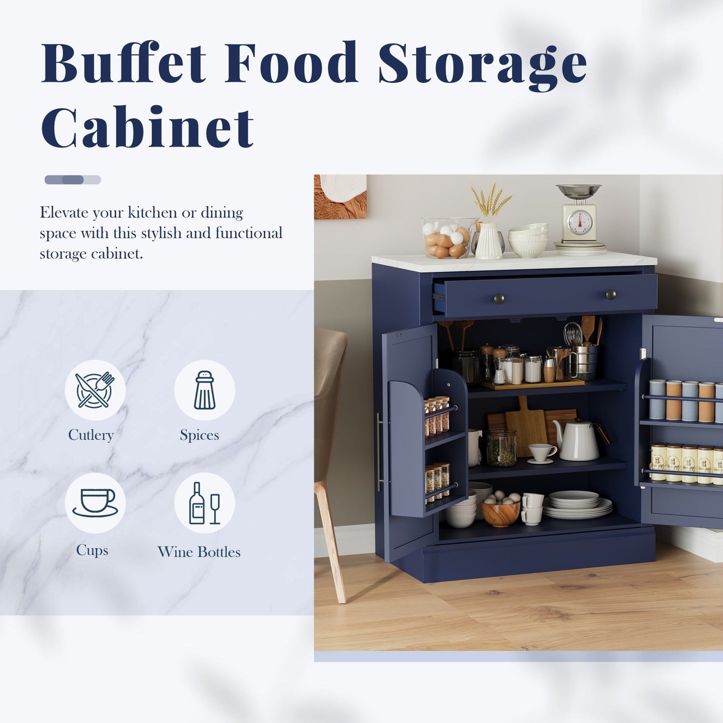 [Assembly Video Provided] TOPMAX Modern Freestanding Kitchen Pantry,Buffet Food Storage, Coffee Bar Cabinet with Drawer, 2 Adjustable Shelves and 2 Door Shelves for Dining, Kitchen, Set of 2, Blue - 1st Choice Furniture Direct