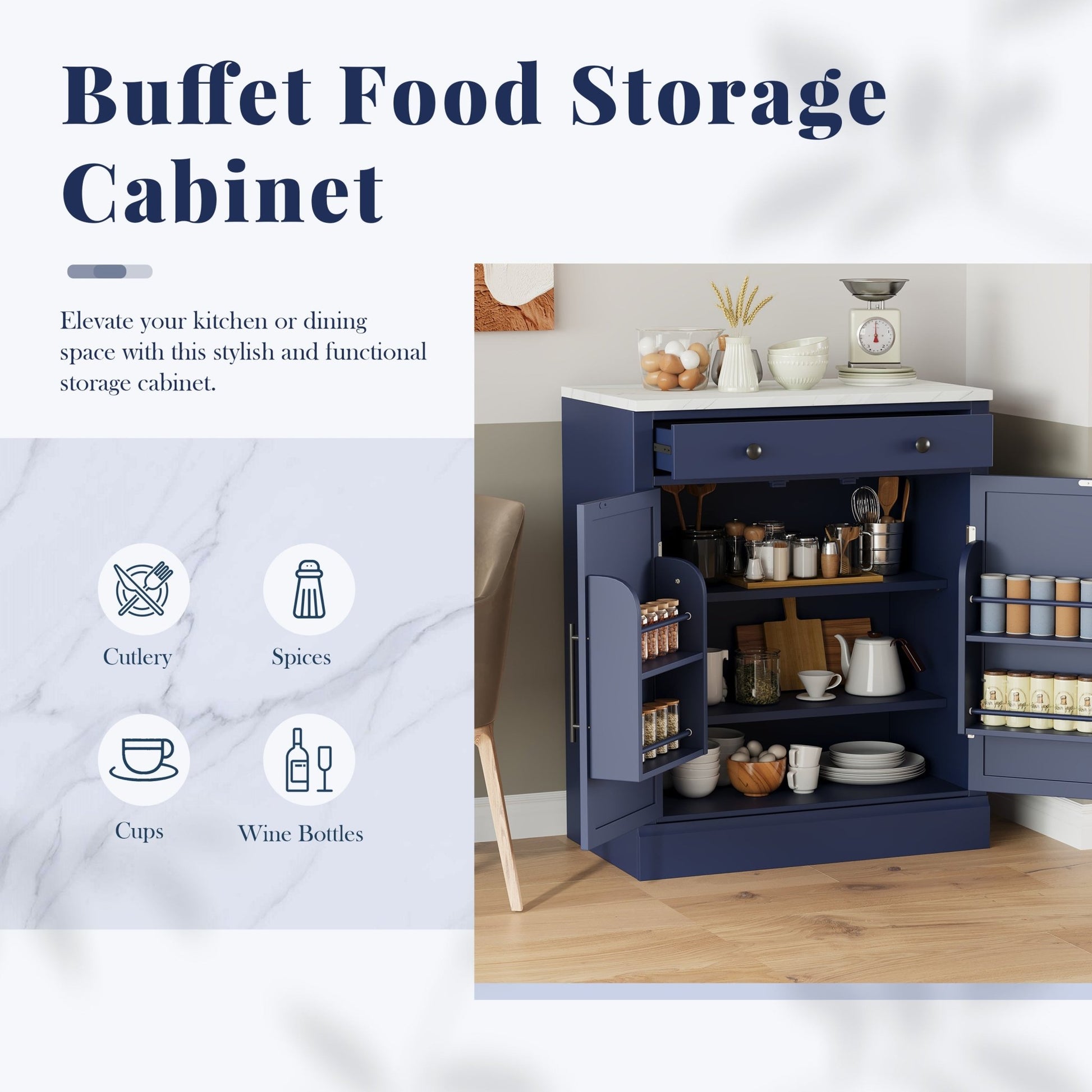 [Assembly Video Provided] TOPMAX Modern Freestanding Kitchen Pantry,Buffet Food Storage, Coffee Bar Cabinet with Drawer, 2 Adjustable Shelves and 2 Door Shelves for Dining, Kitchen, Set of 2, Blue - 1st Choice Furniture Direct