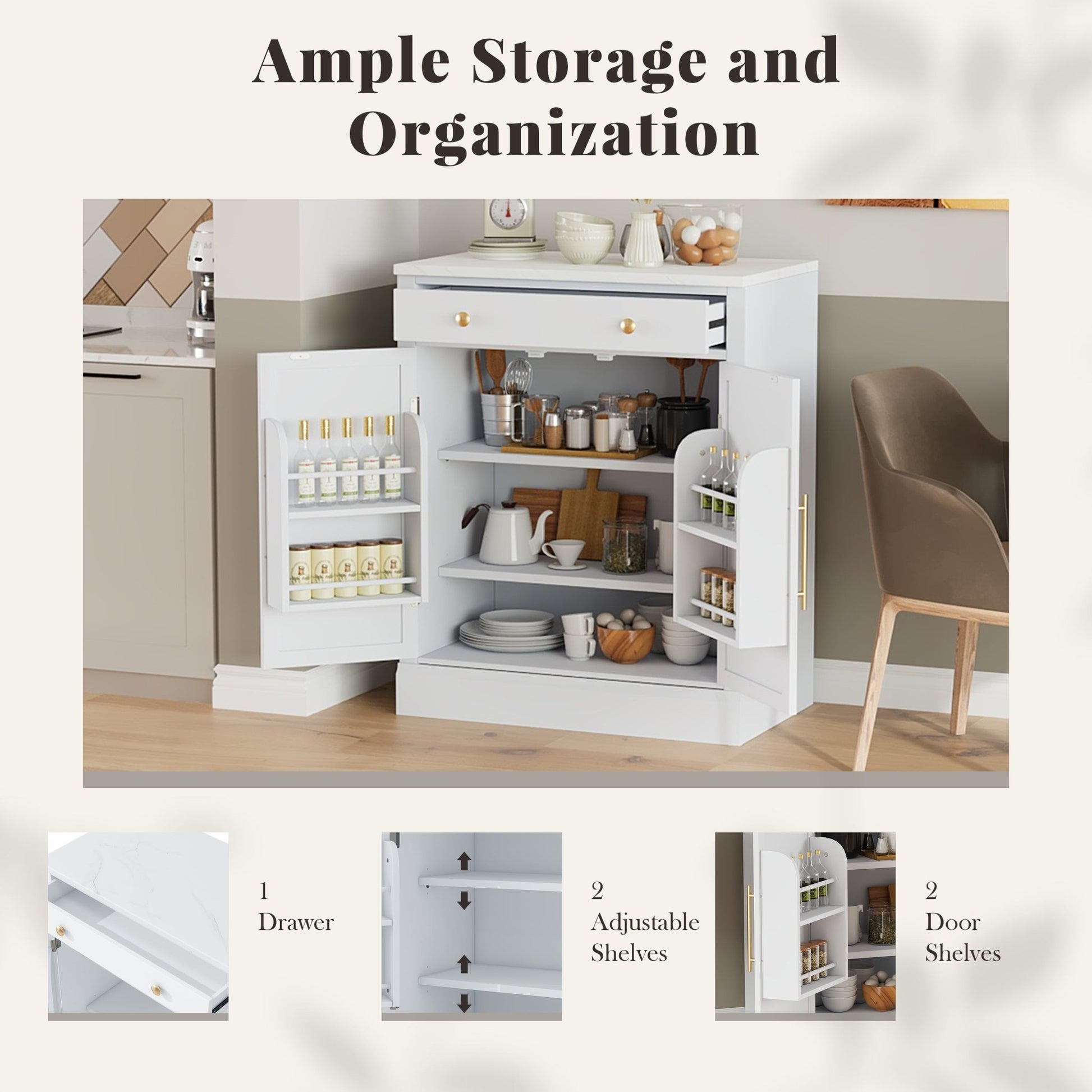 [Assembly Video Provided] TOPMAX Modern Freestanding Kitchen Pantry,Buffet Food Storage, Coffee Bar Cabinet with Drawer, 2 Adjustable Shelves and 2 Door Shelves for Dining, Kitchen, Set of 2, White - 1st Choice Furniture Direct