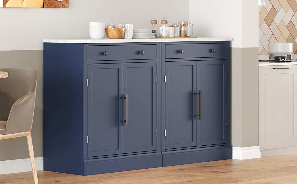 [Assembly Video Provided] TOPMAX Modern Freestanding Kitchen Pantry,Buffet Food Storage, Coffee Bar Cabinet with Drawer, 2 Adjustable Shelves and 2 Door Shelves for Dining, Kitchen, Set of 2, Blue - 1st Choice Furniture Direct