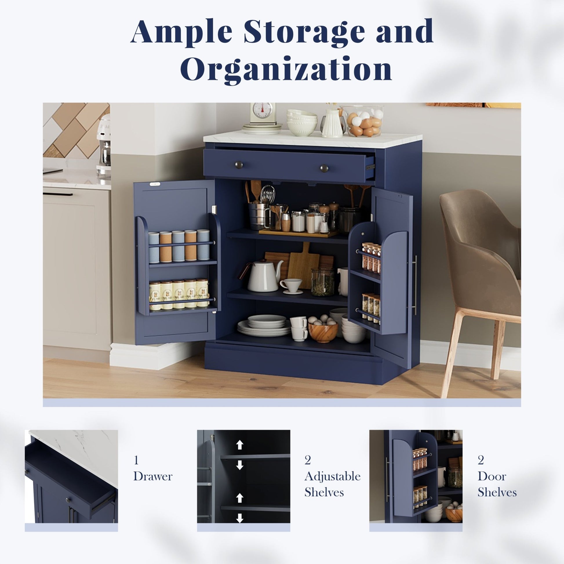 [Assembly Video Provided] TOPMAX Modern Freestanding Kitchen Pantry,Buffet Food Storage, Coffee Bar Cabinet with Drawer, 2 Adjustable Shelves and 2 Door Shelves for Dining, Kitchen, Set of 2, Blue - 1st Choice Furniture Direct
