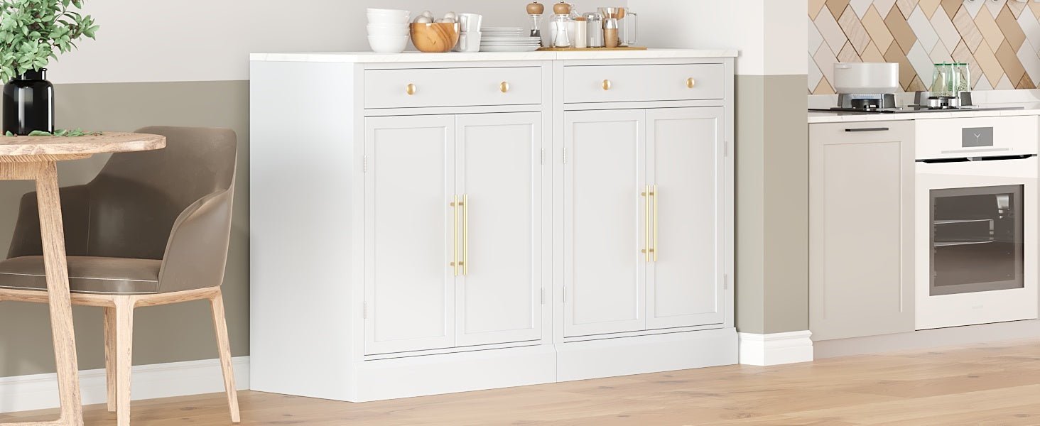 [Assembly Video Provided] TOPMAX Modern Freestanding Kitchen Pantry,Buffet Food Storage, Coffee Bar Cabinet with Drawer, 2 Adjustable Shelves and 2 Door Shelves for Dining, Kitchen, Set of 2, White - 1st Choice Furniture Direct