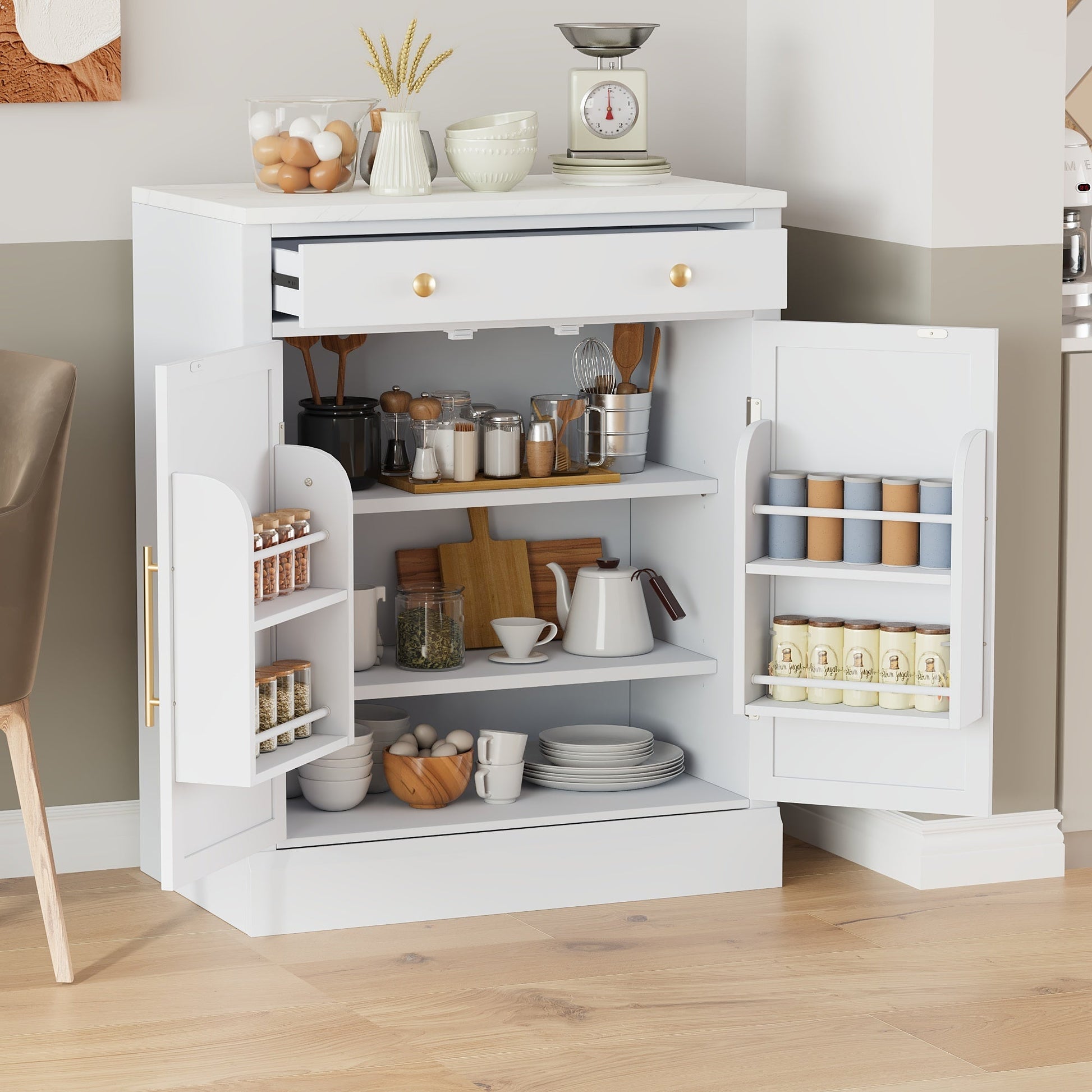 [Assembly Video Provided] TOPMAX Modern Freestanding Kitchen Pantry,Buffet Food Storage, Coffee Bar Cabinet with Drawer, 2 Adjustable Shelves and 2 Door Shelves for Dining, Kitchen, Set of 2, White - 1st Choice Furniture Direct