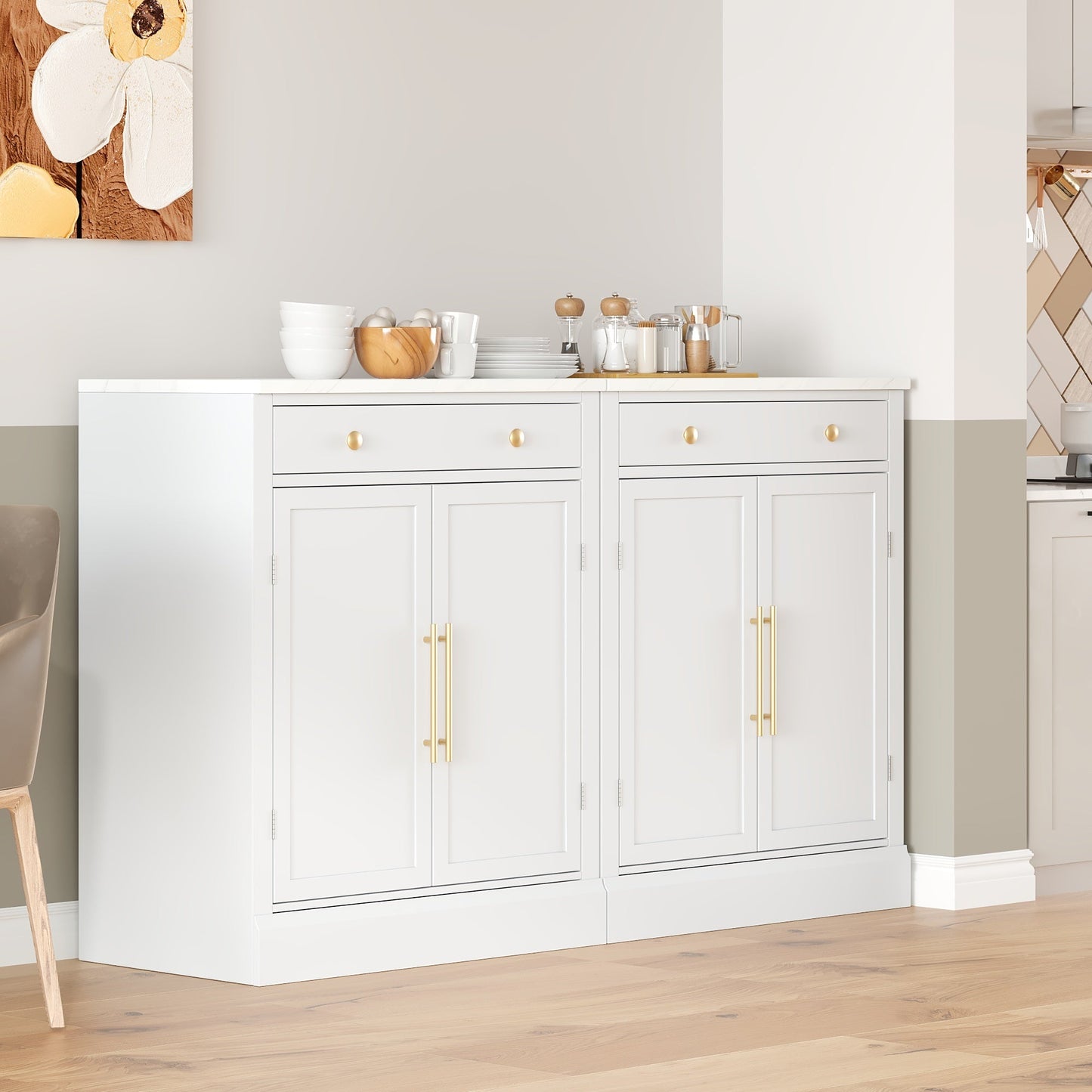 [Assembly Video Provided] TOPMAX Modern Freestanding Kitchen Pantry,Buffet Food Storage, Coffee Bar Cabinet with Drawer, 2 Adjustable Shelves and 2 Door Shelves for Dining, Kitchen, Set of 2, White - 1st Choice Furniture Direct
