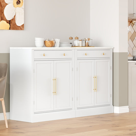 [Assembly Video Provided] TOPMAX Modern Freestanding Kitchen Pantry,Buffet Food Storage, Coffee Bar Cabinet with Drawer, 2 Adjustable Shelves and 2 Door Shelves for Dining, Kitchen, Set of 2, White - 1st Choice Furniture Direct