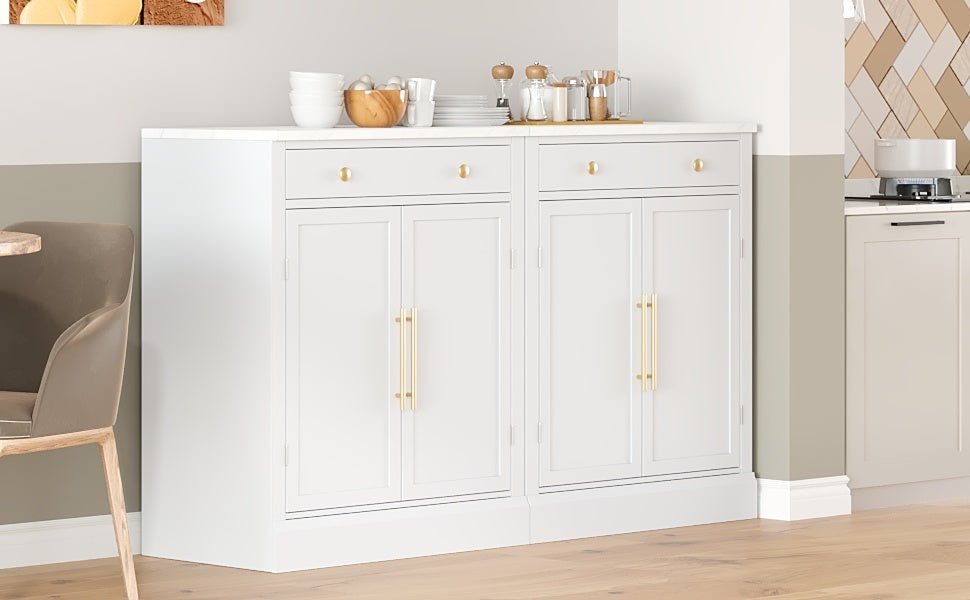 [Assembly Video Provided] TOPMAX Modern Freestanding Kitchen Pantry,Buffet Food Storage, Coffee Bar Cabinet with Drawer, 2 Adjustable Shelves and 2 Door Shelves for Dining, Kitchen, Set of 2, White - 1st Choice Furniture Direct