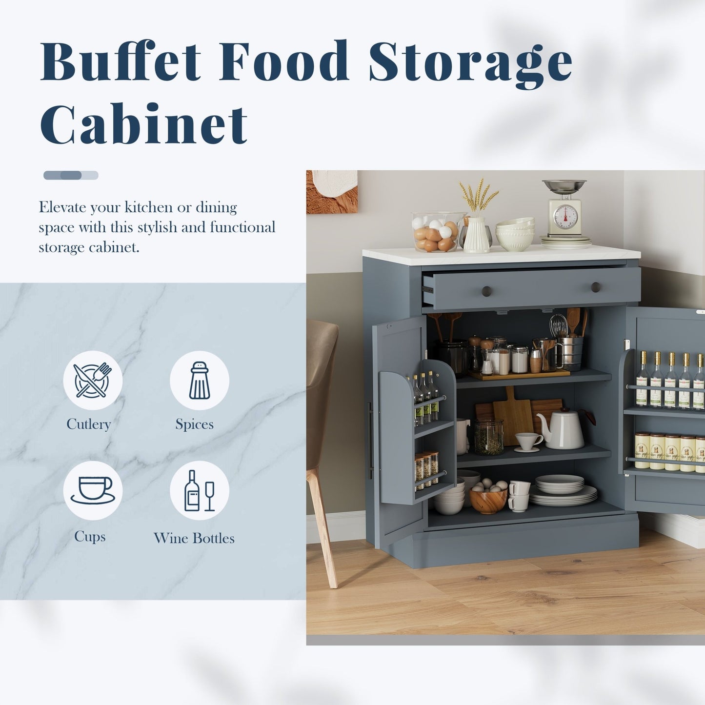 [Assembly Video Provided] TOPMAX Modern Freestanding Kitchen Pantry,Buffet Food Storage, Coffee Bar Cabinet with Drawer, 2 Adjustable Shelves and 2 Door Shelves for Dining, Kitchen, Set of 2, Gray - 1st Choice Furniture Direct