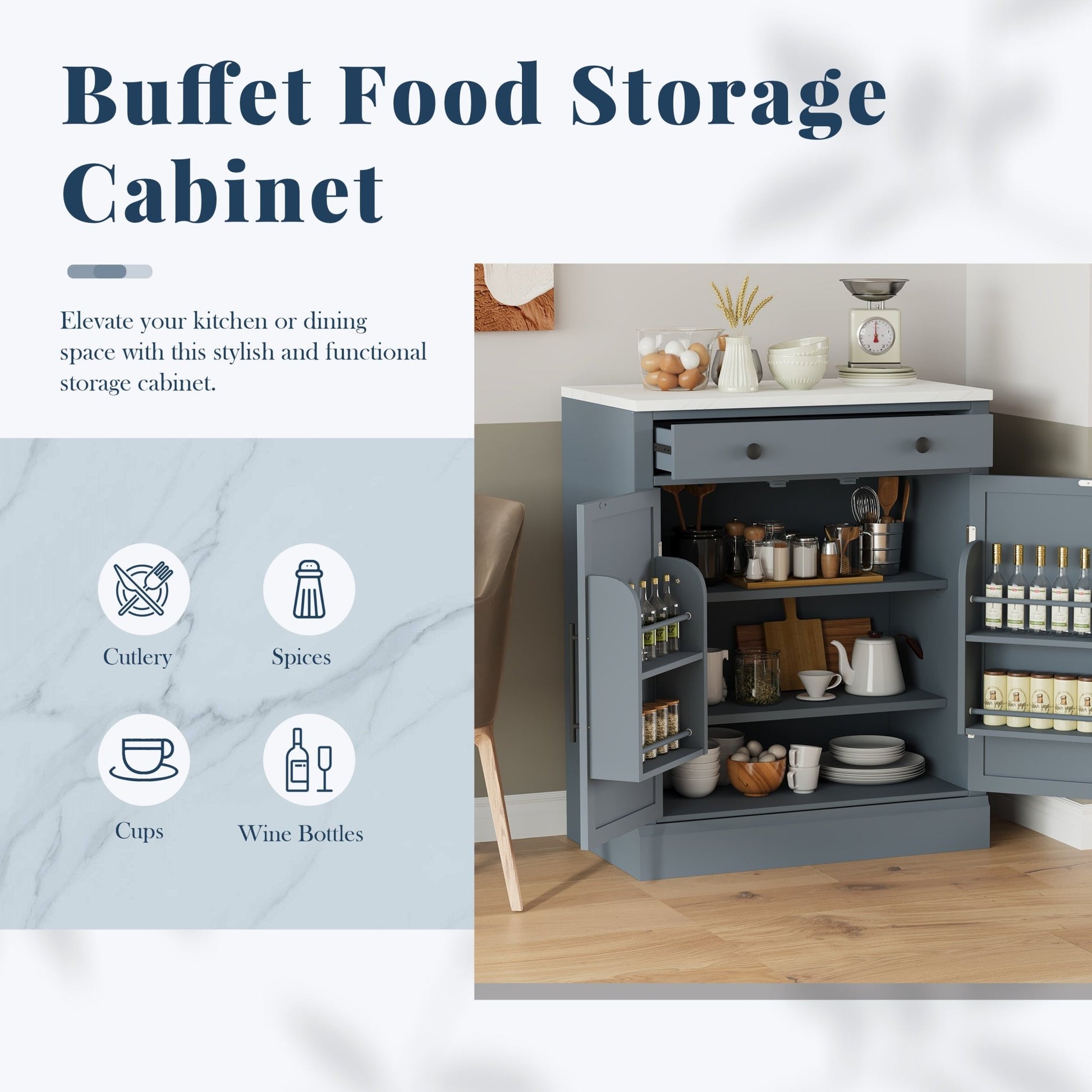 [Assembly Video Provided] TOPMAX Modern Freestanding Kitchen Pantry,Buffet Food Storage, Coffee Bar Cabinet with Drawer, 2 Adjustable Shelves and 2 Door Shelves for Dining, Kitchen, Set of 2, Gray - 1st Choice Furniture Direct