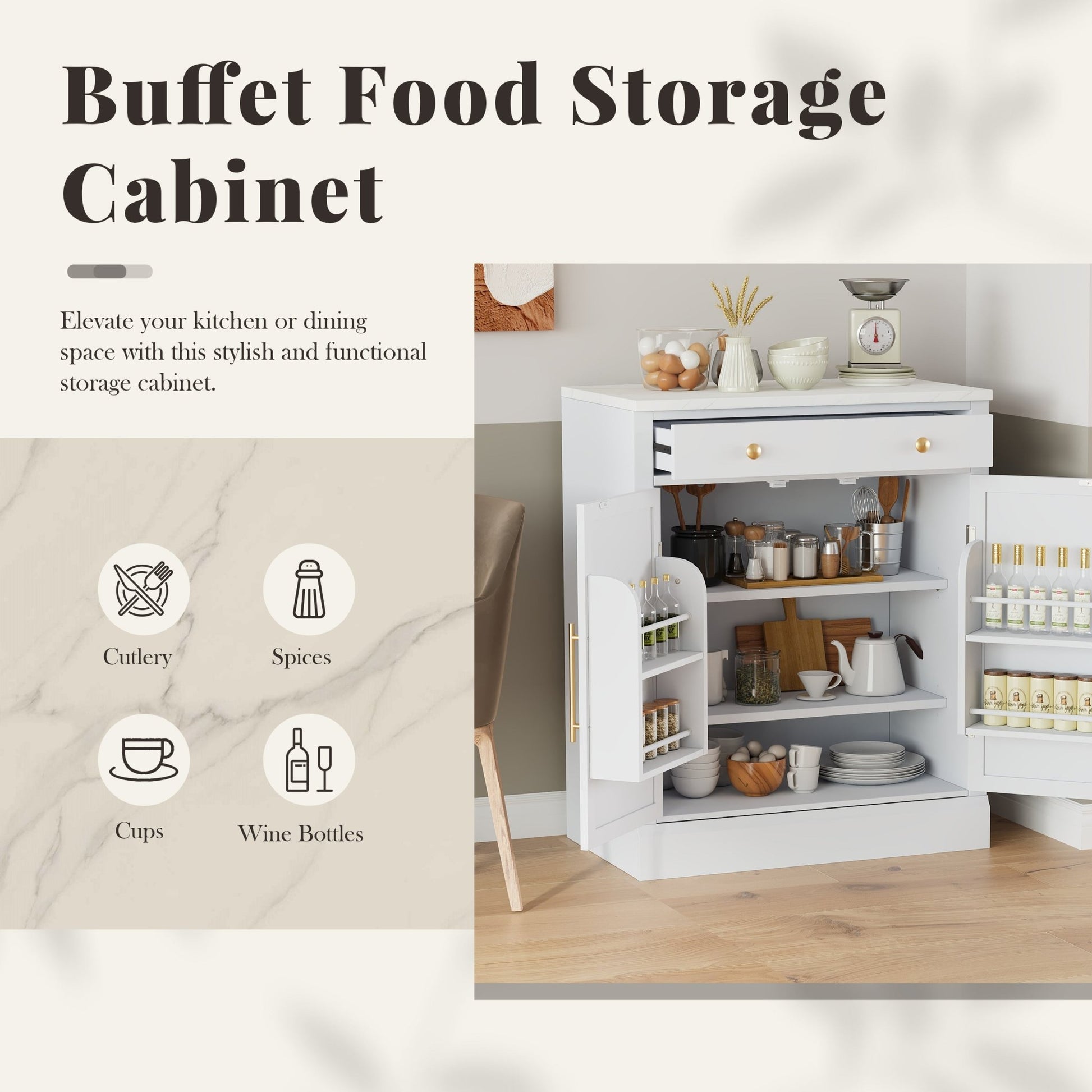 [Assembly Video Provided] TOPMAX Modern Freestanding Kitchen Pantry,Buffet Food Storage, Coffee Bar Cabinet with Drawer, 2 Adjustable Shelves and 2 Door Shelves for Dining, Kitchen, Set of 2, White - 1st Choice Furniture Direct