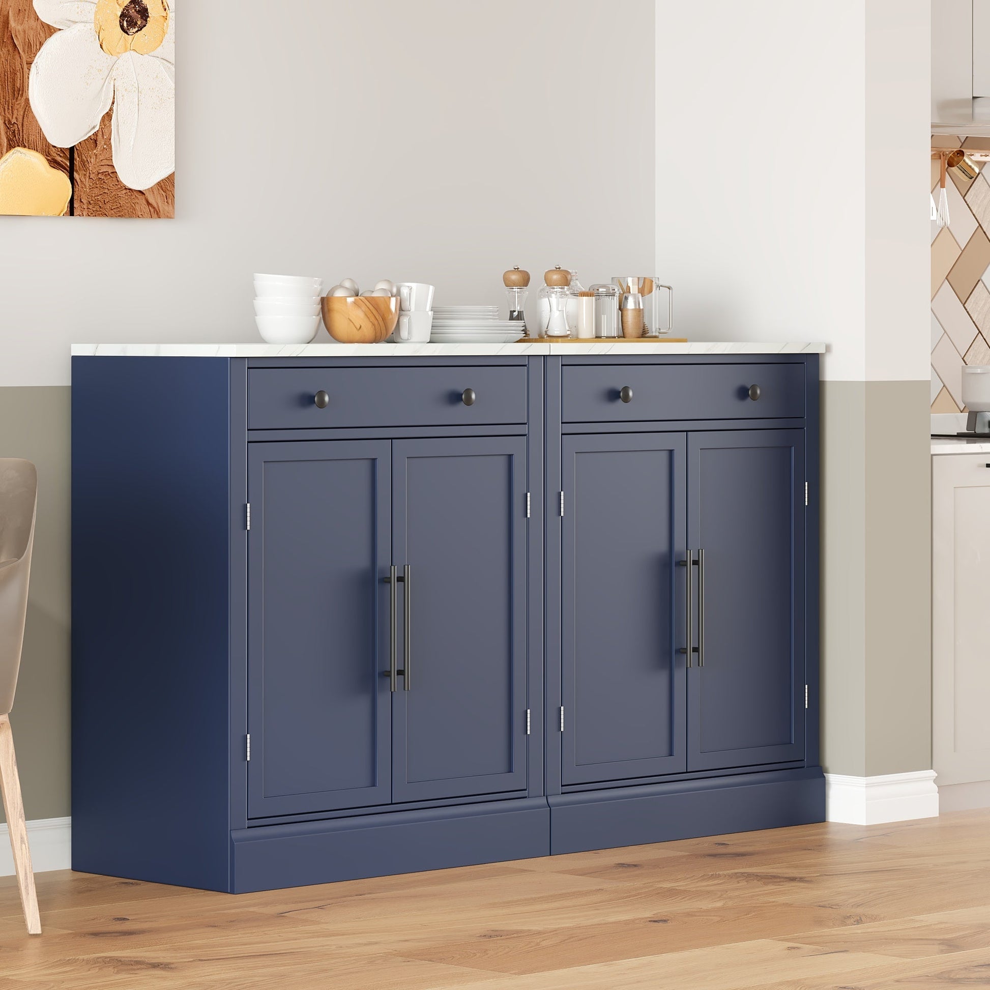 [Assembly Video Provided] TOPMAX Modern Freestanding Kitchen Pantry,Buffet Food Storage, Coffee Bar Cabinet with Drawer, 2 Adjustable Shelves and 2 Door Shelves for Dining, Kitchen, Set of 2, Blue - 1st Choice Furniture Direct