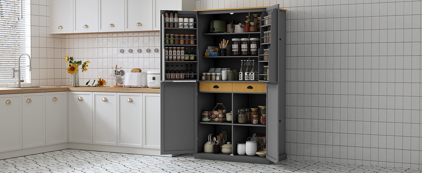 [Assembly Video Provided]TOPMAX 40.2x20x71.3inch High Freestanding Kitchen Pantry Large Cupboard Storage Cabinet with 2 Drawers, 2 Adjustable Shelves, 8 Door Shelves for Kitchen, Dining Room,Gray - 1st Choice Furniture Direct