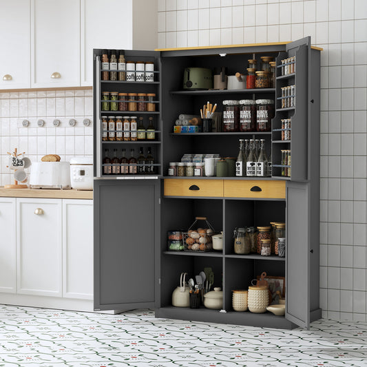 [Assembly Video Provided]TOPMAX 40.2x20x71.3inch High Freestanding Kitchen Pantry Large Cupboard Storage Cabinet with 2 Drawers, 2 Adjustable Shelves, 8 Door Shelves for Kitchen, Dining Room,Gray - 1st Choice Furniture Direct