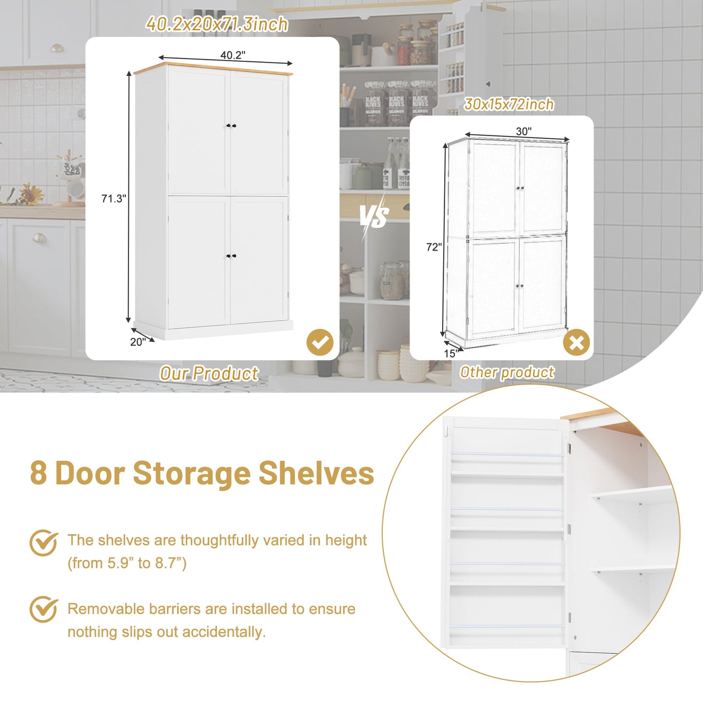 [Assembly Video Provided]TOPMAX 40.2x20x71.3inch High Freestanding Kitchen Pantry Large Cupboard Storage Cabinet with 2 Drawers, 2 Adjustable Shelves, 8 Door Shelves for Kitchen, Dining Room,White - 1st Choice Furniture Direct