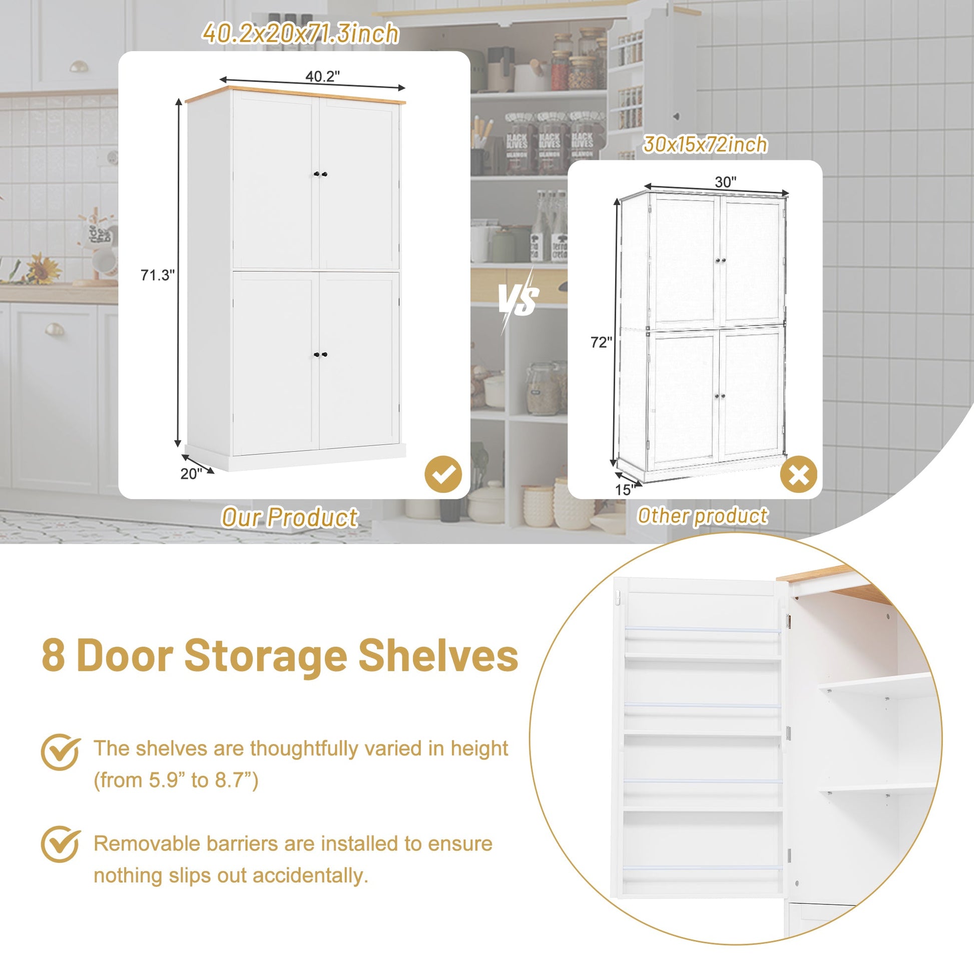 [Assembly Video Provided]TOPMAX 40.2x20x71.3inch High Freestanding Kitchen Pantry Large Cupboard Storage Cabinet with 2 Drawers, 2 Adjustable Shelves, 8 Door Shelves for Kitchen, Dining Room,White - 1st Choice Furniture Direct