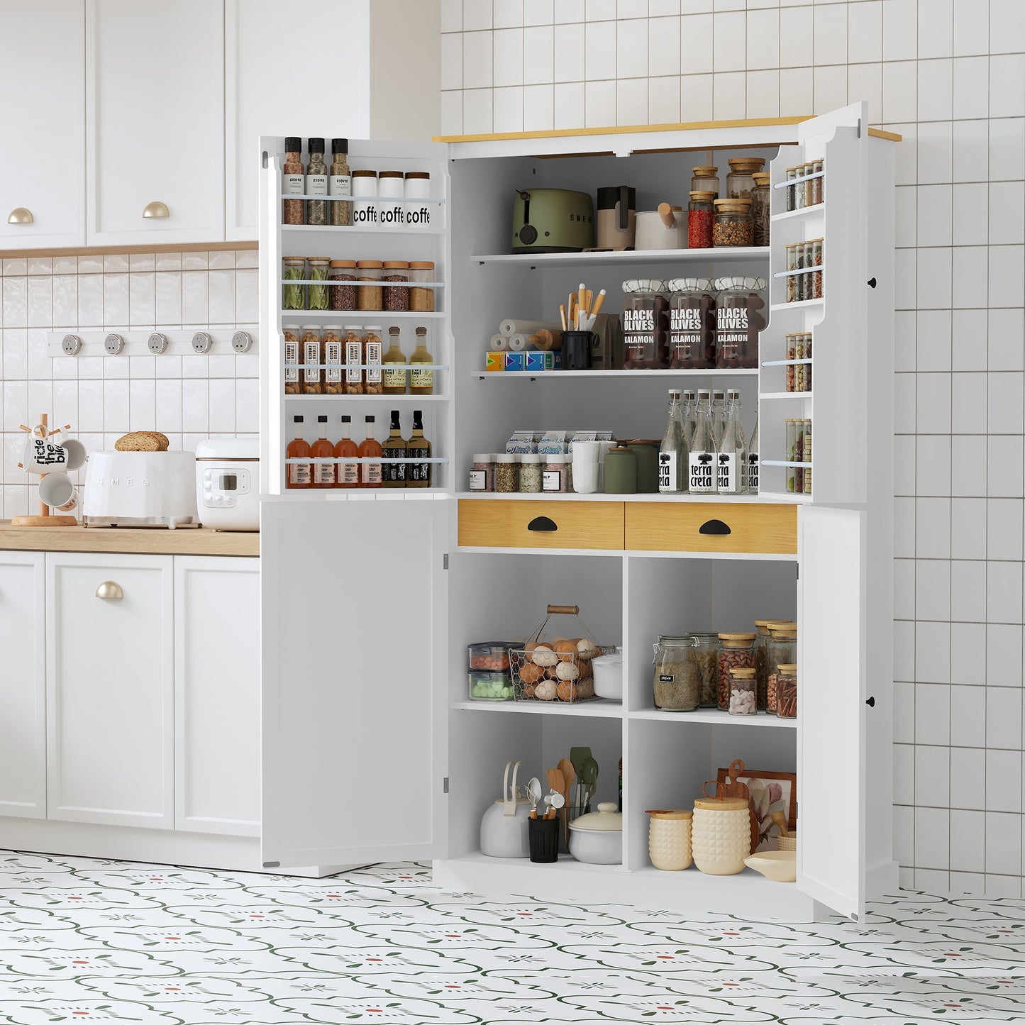 [Assembly Video Provided]TOPMAX 40.2x20x71.3inch High Freestanding Kitchen Pantry Large Cupboard Storage Cabinet with 2 Drawers, 2 Adjustable Shelves, 8 Door Shelves for Kitchen, Dining Room,White - 1st Choice Furniture Direct