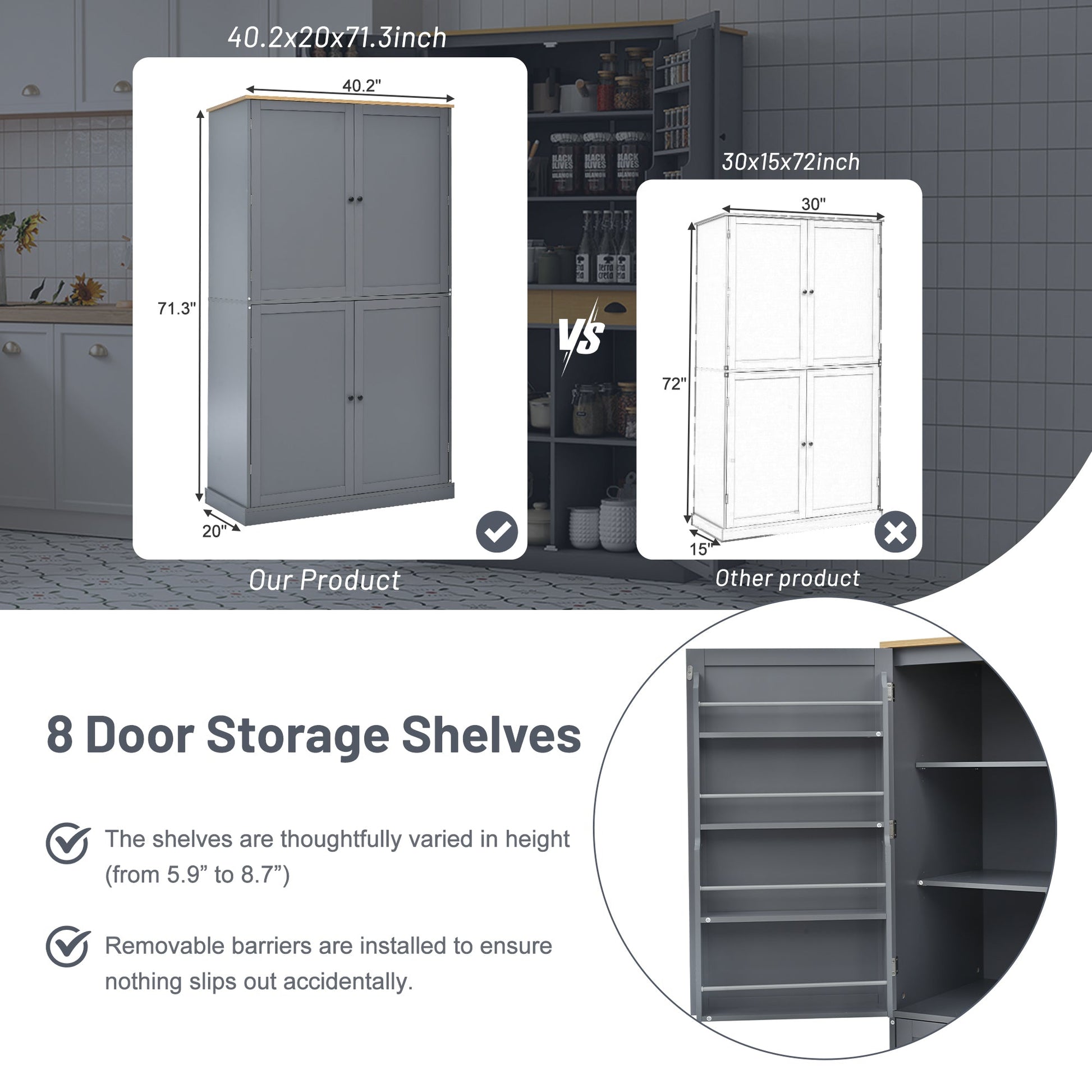 [Assembly Video Provided]TOPMAX 40.2x20x71.3inch High Freestanding Kitchen Pantry Large Cupboard Storage Cabinet with 2 Drawers, 2 Adjustable Shelves, 8 Door Shelves for Kitchen, Dining Room,Gray - 1st Choice Furniture Direct