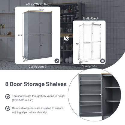 [Assembly Video Provided]TOPMAX 40.2x20x71.3inch High Freestanding Kitchen Pantry Large Cupboard Storage Cabinet with 2 Drawers, 2 Adjustable Shelves, 8 Door Shelves for Kitchen, Dining Room,Gray - 1st Choice Furniture Direct