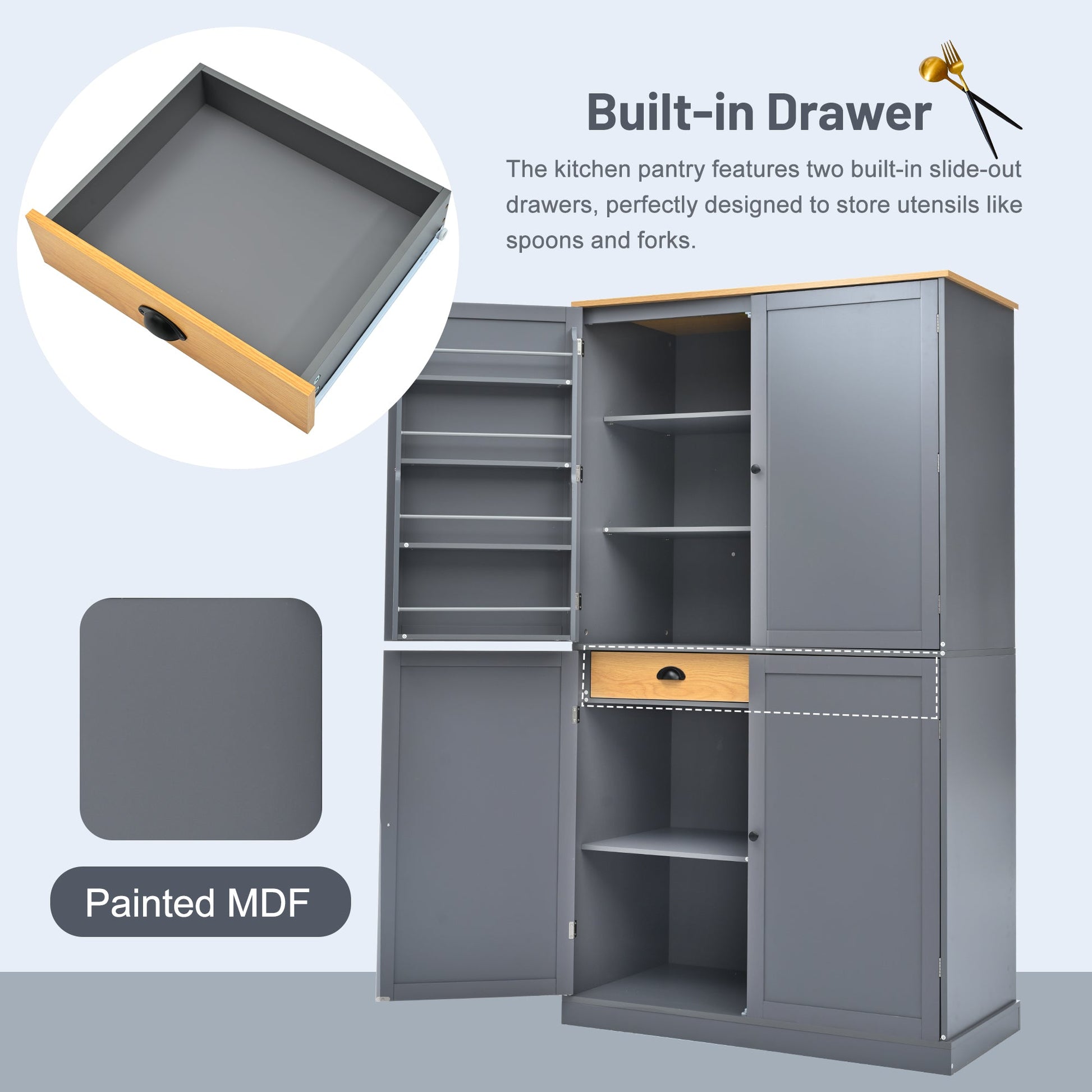 [Assembly Video Provided]TOPMAX 40.2x20x71.3inch High Freestanding Kitchen Pantry Large Cupboard Storage Cabinet with 2 Drawers, 2 Adjustable Shelves, 8 Door Shelves for Kitchen, Dining Room,Gray - 1st Choice Furniture Direct