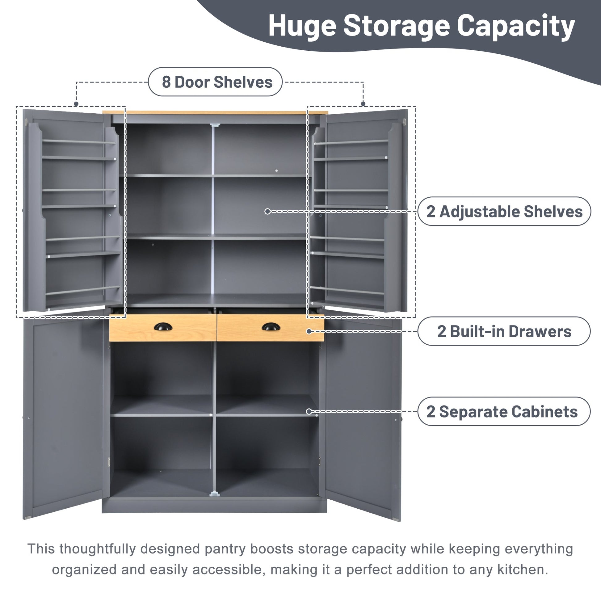 [Assembly Video Provided]TOPMAX 40.2x20x71.3inch High Freestanding Kitchen Pantry Large Cupboard Storage Cabinet with 2 Drawers, 2 Adjustable Shelves, 8 Door Shelves for Kitchen, Dining Room,Gray - 1st Choice Furniture Direct
