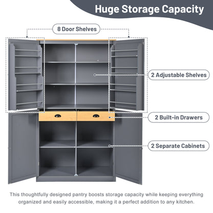 [Assembly Video Provided]TOPMAX 40.2x20x71.3inch High Freestanding Kitchen Pantry Large Cupboard Storage Cabinet with 2 Drawers, 2 Adjustable Shelves, 8 Door Shelves for Kitchen, Dining Room,Gray - 1st Choice Furniture Direct