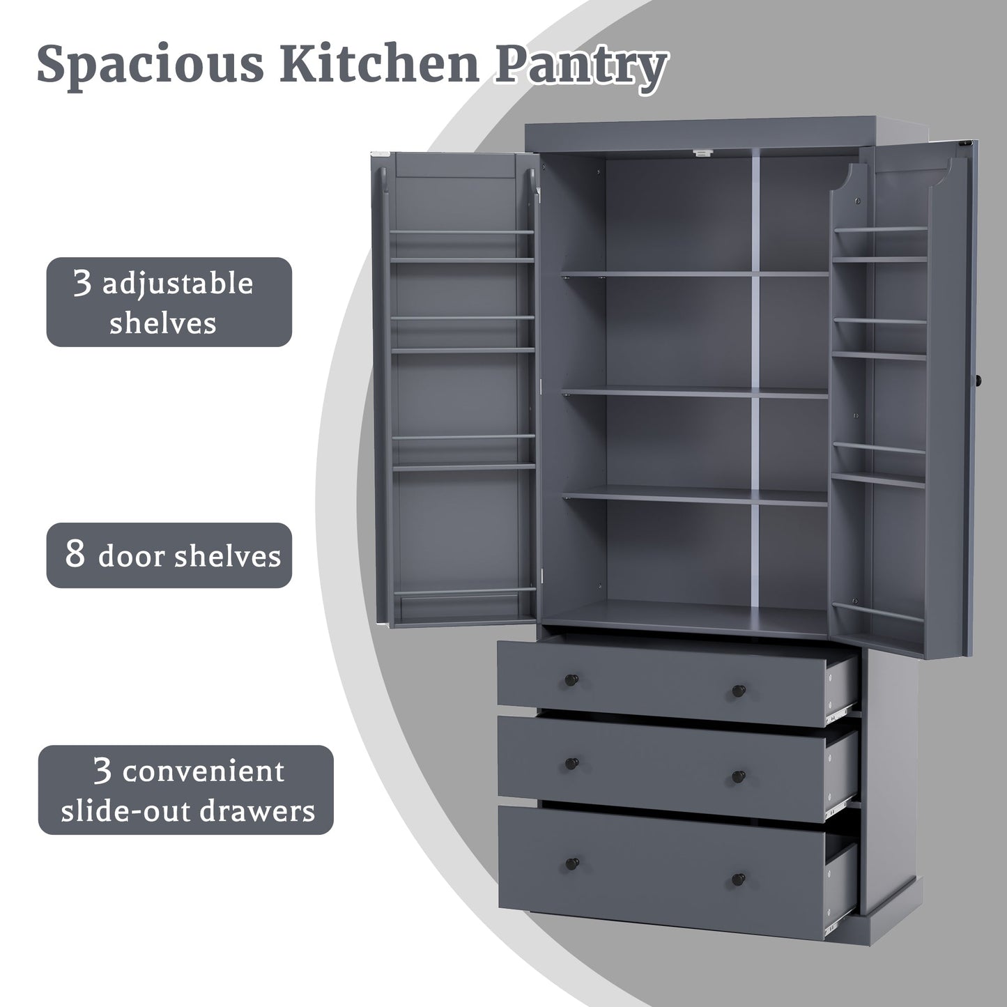 [Assembly Video Provided]TOPMAX 77inch Farmhouse Kitchen Pantry, Freestanding Tall Cupboard Storage Cabinet with 3 Adjustable Shelves, 8 Door Shelves, 3 Drawers for Kitchen, Dining Room, Gray - 1st Choice Furniture Direct