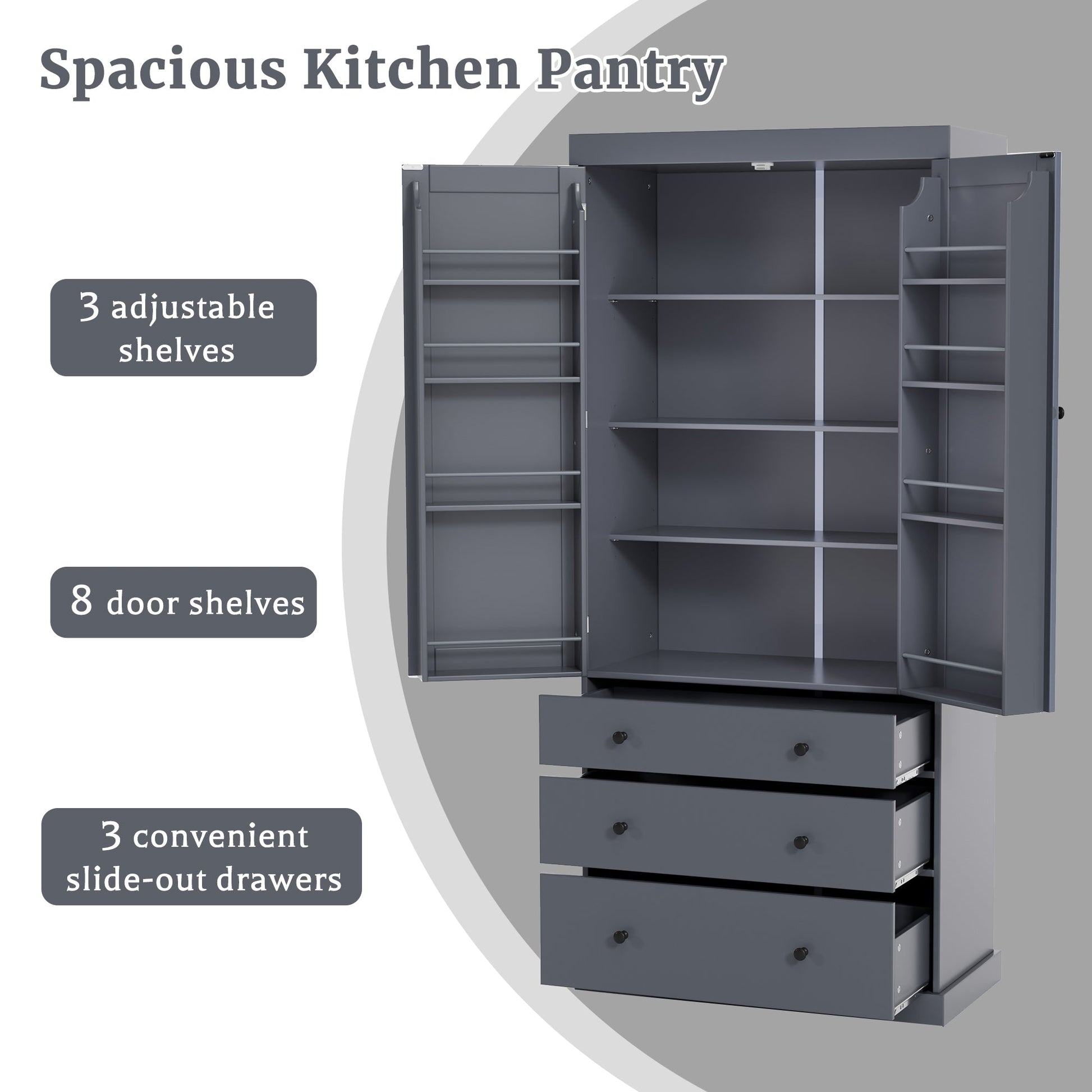 [Assembly Video Provided]TOPMAX 77inch Farmhouse Kitchen Pantry, Freestanding Tall Cupboard Storage Cabinet with 3 Adjustable Shelves, 8 Door Shelves, 3 Drawers for Kitchen, Dining Room, Gray - 1st Choice Furniture Direct