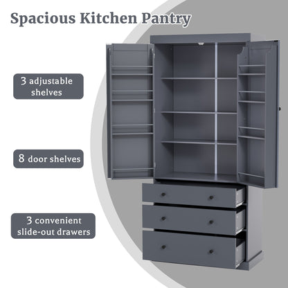 [Assembly Video Provided]TOPMAX 77inch Farmhouse Kitchen Pantry, Freestanding Tall Cupboard Storage Cabinet with 3 Adjustable Shelves, 8 Door Shelves, 3 Drawers for Kitchen, Dining Room, Gray - 1st Choice Furniture Direct