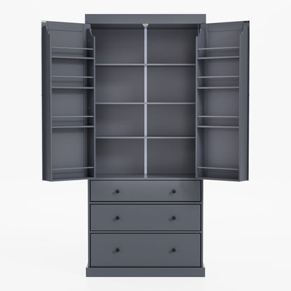 [Assembly Video Provided]TOPMAX 77inch Farmhouse Kitchen Pantry, Freestanding Tall Cupboard Storage Cabinet with 3 Adjustable Shelves, 8 Door Shelves, 3 Drawers for Kitchen, Dining Room, Gray - 1st Choice Furniture Direct