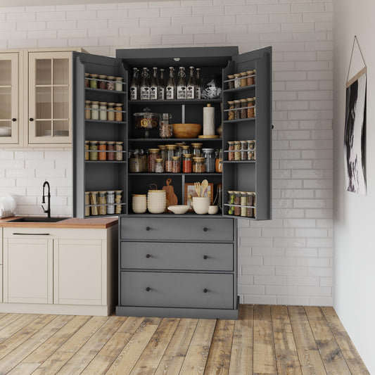 [Assembly Video Provided]TOPMAX 77inch Farmhouse Kitchen Pantry, Freestanding Tall Cupboard Storage Cabinet with 3 Adjustable Shelves, 8 Door Shelves, 3 Drawers for Kitchen, Dining Room, Gray - 1st Choice Furniture Direct