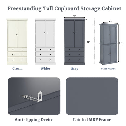 [Assembly Video Provided]TOPMAX 77inch Farmhouse Kitchen Pantry, Freestanding Tall Cupboard Storage Cabinet with 3 Adjustable Shelves, 8 Door Shelves, 3 Drawers for Kitchen, Dining Room, Gray - 1st Choice Furniture Direct