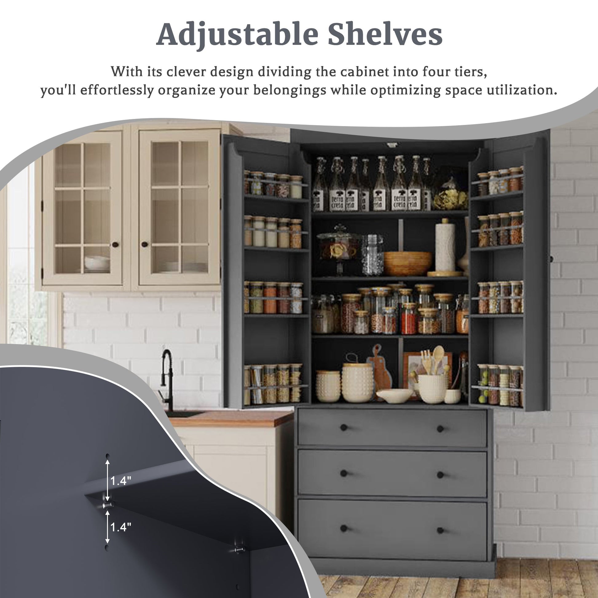 [Assembly Video Provided]TOPMAX 77inch Farmhouse Kitchen Pantry, Freestanding Tall Cupboard Storage Cabinet with 3 Adjustable Shelves, 8 Door Shelves, 3 Drawers for Kitchen, Dining Room, Gray - 1st Choice Furniture Direct
