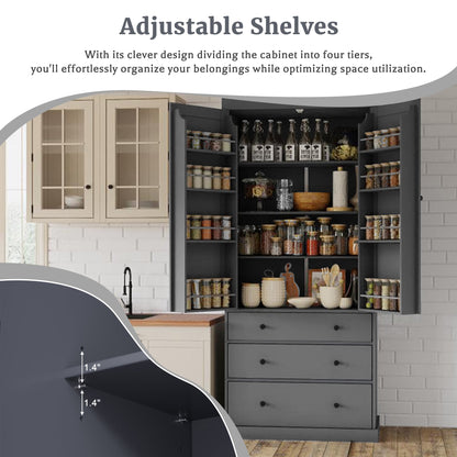 [Assembly Video Provided]TOPMAX 77inch Farmhouse Kitchen Pantry, Freestanding Tall Cupboard Storage Cabinet with 3 Adjustable Shelves, 8 Door Shelves, 3 Drawers for Kitchen, Dining Room, Gray - 1st Choice Furniture Direct