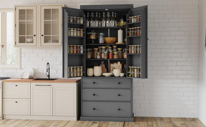 [Assembly Video Provided]TOPMAX 77inch Farmhouse Kitchen Pantry, Freestanding Tall Cupboard Storage Cabinet with 3 Adjustable Shelves, 8 Door Shelves, 3 Drawers for Kitchen, Dining Room, Gray - 1st Choice Furniture Direct