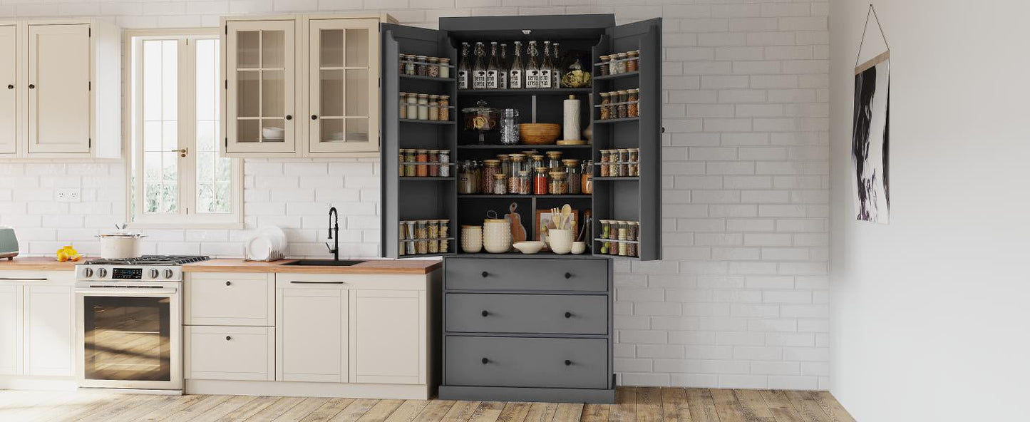 [Assembly Video Provided]TOPMAX 77inch Farmhouse Kitchen Pantry, Freestanding Tall Cupboard Storage Cabinet with 3 Adjustable Shelves, 8 Door Shelves, 3 Drawers for Kitchen, Dining Room, Gray - 1st Choice Furniture Direct