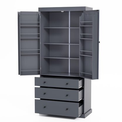[Assembly Video Provided]TOPMAX 77inch Farmhouse Kitchen Pantry, Freestanding Tall Cupboard Storage Cabinet with 3 Adjustable Shelves, 8 Door Shelves, 3 Drawers for Kitchen, Dining Room, Gray - 1st Choice Furniture Direct