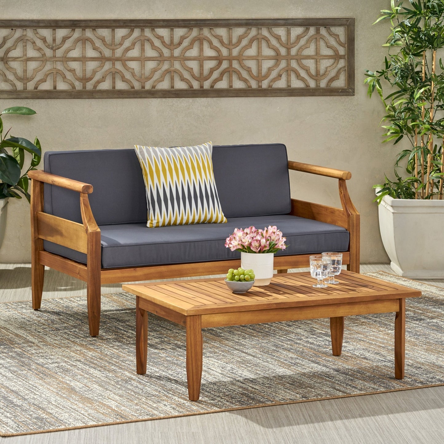 Aston Teak Brown 2 - Piece Wood Outdoor Patio Conversation Seating Set with Cream Cushions - 1st Choice Furniture Direct