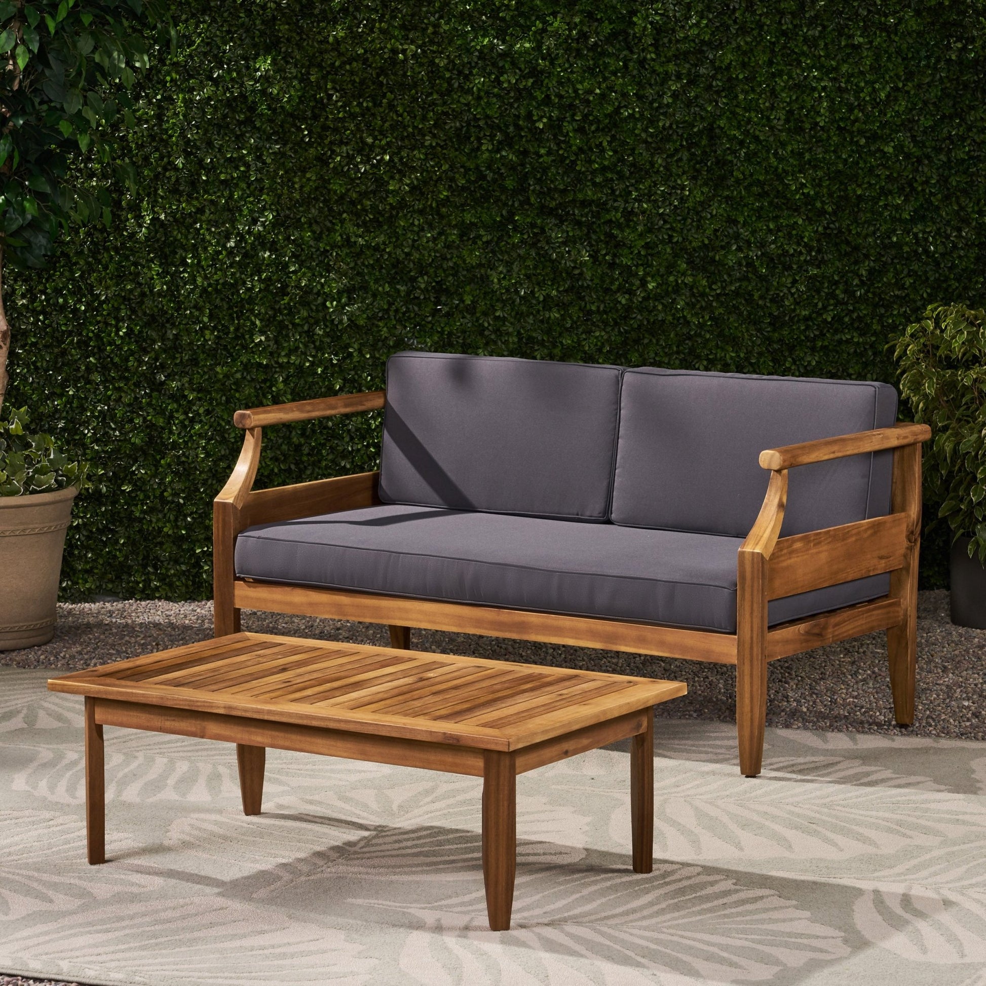 Aston Teak Brown 2 - Piece Wood Outdoor Patio Conversation Seating Set with Cream Cushions - 1st Choice Furniture Direct