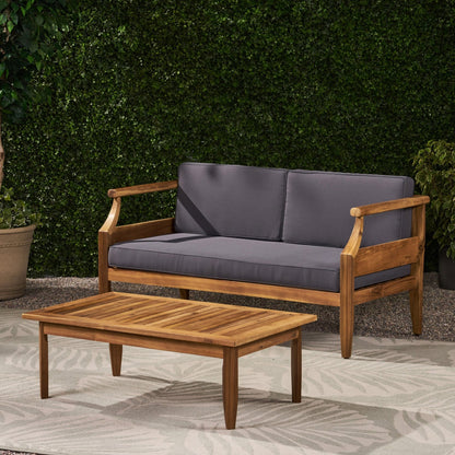 Aston Teak Brown 2 - Piece Wood Outdoor Patio Conversation Seating Set with Cream Cushions - 1st Choice Furniture Direct
