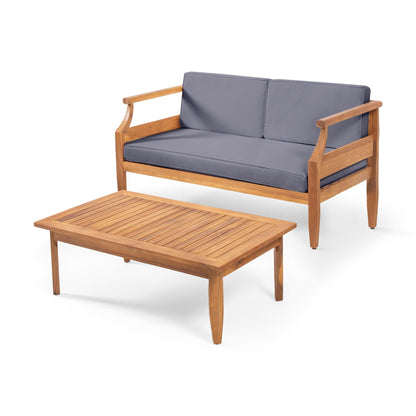 Aston Teak Brown 2 - Piece Wood Outdoor Patio Conversation Seating Set with Cream Cushions - 1st Choice Furniture Direct