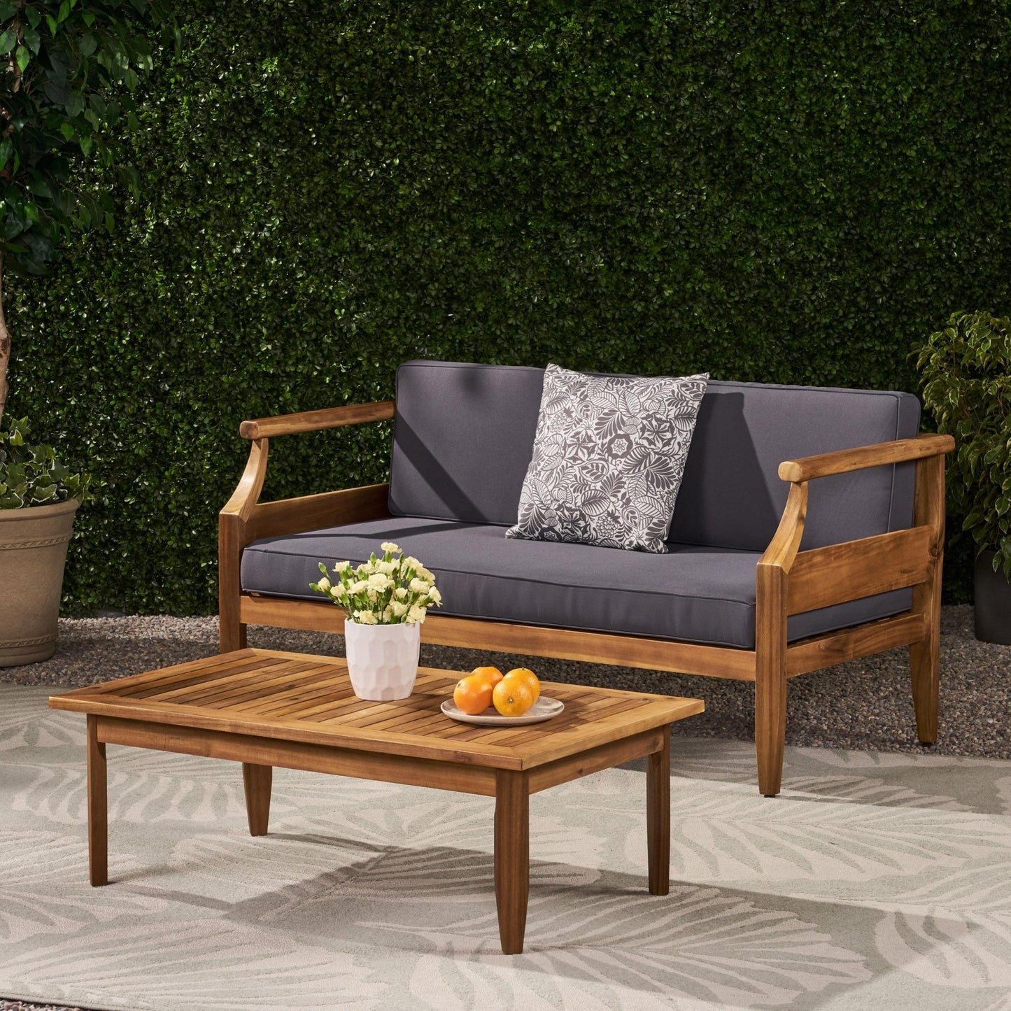 Aston Teak Brown 2 - Piece Wood Outdoor Patio Conversation Seating Set with Cream Cushions - 1st Choice Furniture Direct