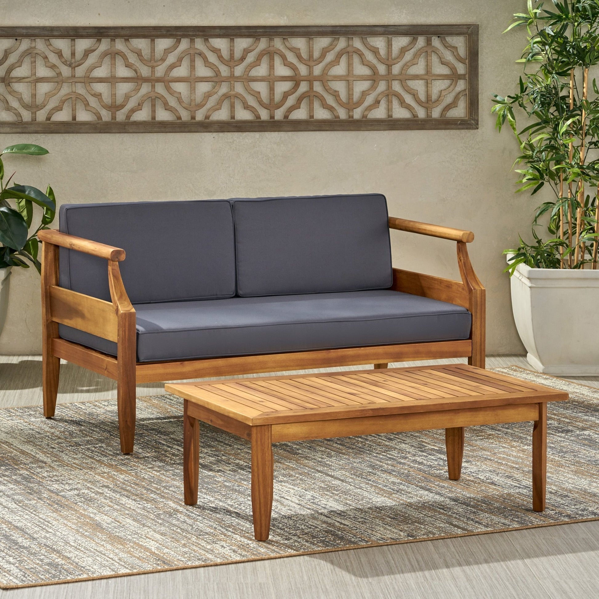 Aston Teak Brown 2 - Piece Wood Outdoor Patio Conversation Seating Set with Cream Cushions - 1st Choice Furniture Direct