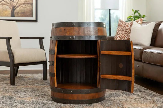 Authentic Whiskey Barrel Cabinet, Handcrafted Bourbon Storage - 1st Choice Furniture Direct