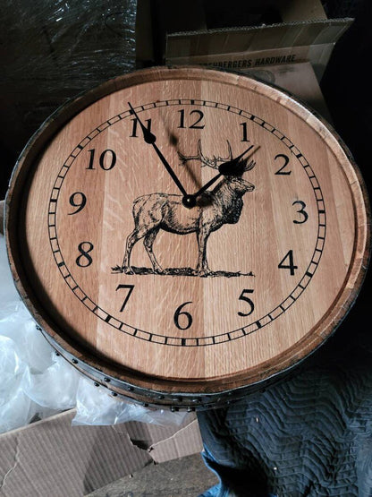 Authentic Whiskey Barrel Elk Wall Clock | Rustic Cabin Decor - 1st Choice Furniture Direct