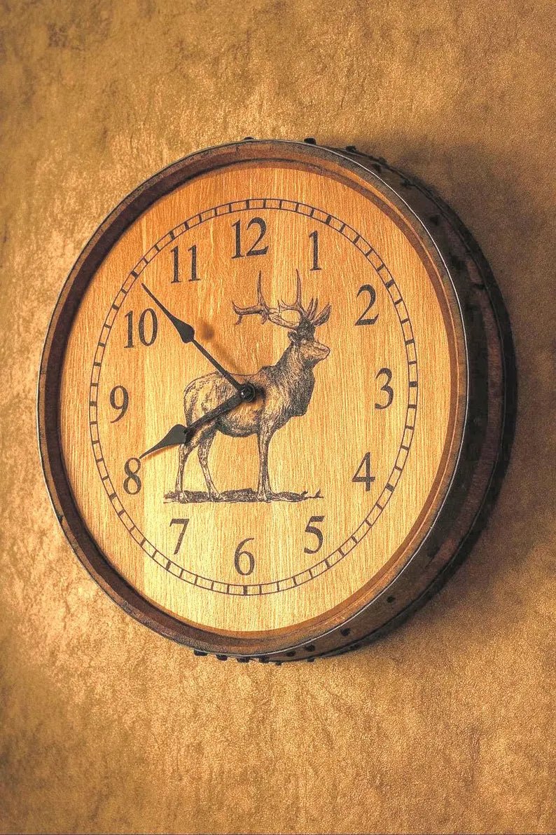 Authentic Whiskey Barrel Elk Wall Clock | Rustic Cabin Decor - 1st Choice Furniture Direct