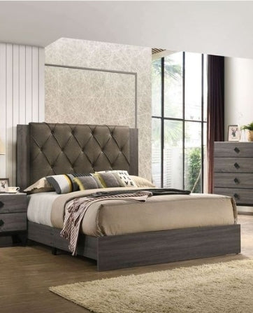 Avantika Fabric & Rustic Gray Oak Finish EK Bed - 1st Choice Furniture Direct