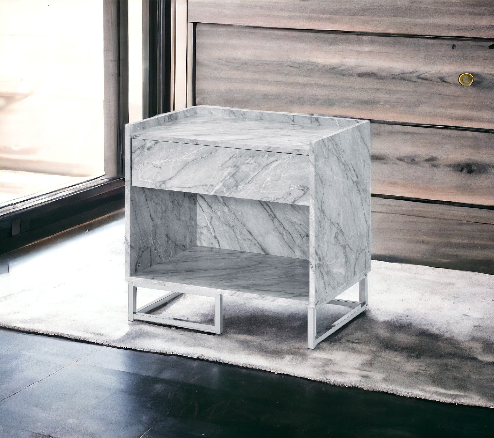 Azrael White Printed Faux Marble & Chrome Finish Accent Table - 1st Choice Furniture Direct