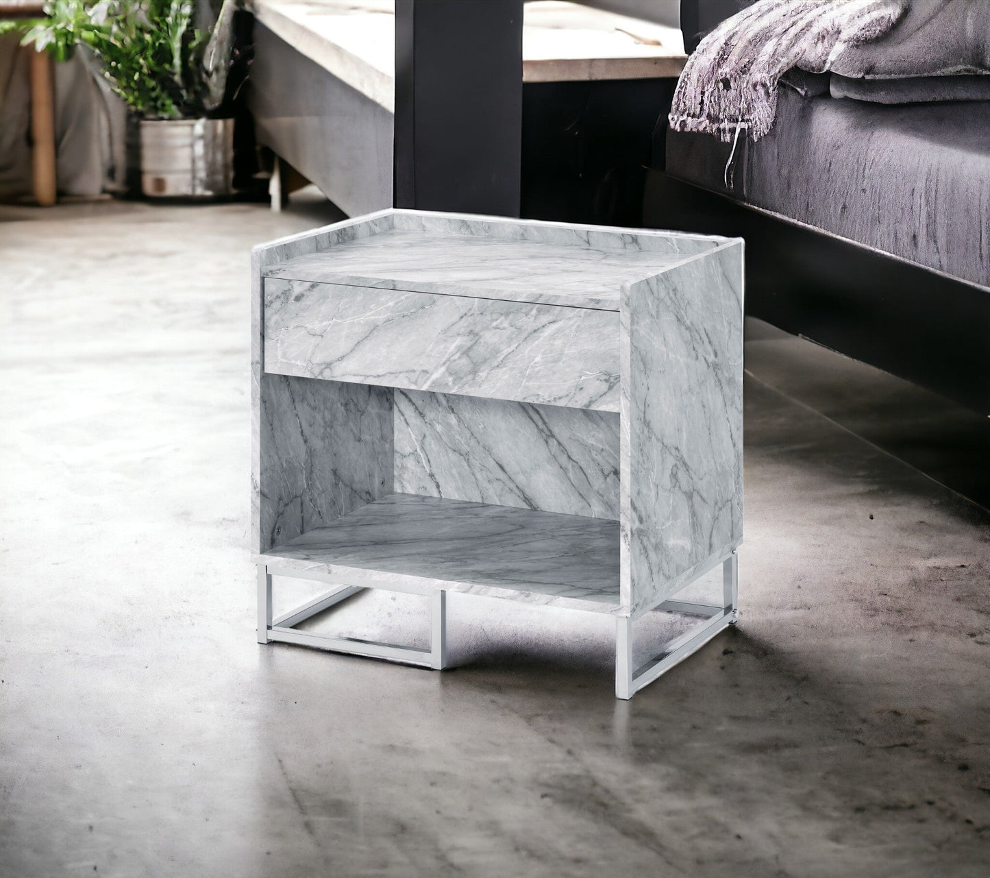 Azrael White Printed Faux Marble & Chrome Finish Accent Table - 1st Choice Furniture Direct