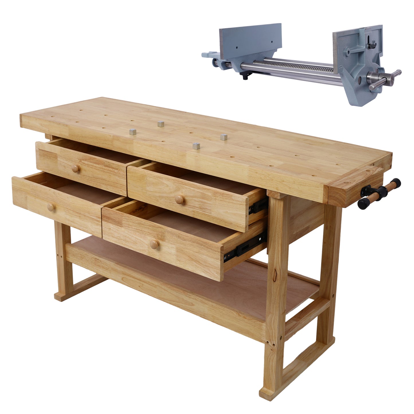 60in Workbench with 4 Drawers Wooden Workbench for Garage Workshop and Home, with Rapid Action Woodworking Vise 10.5 Inch Jaw Width Made with Heavy-Duty Cast Iron , GRAY COLOR