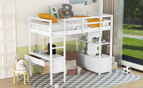 1st Choice Twin Size Loft Bed with Built-in Desk with Two Drawers in White
