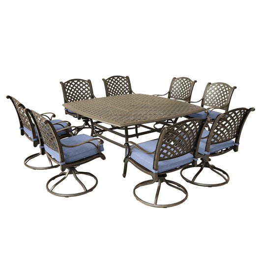 Square 8 - Person 63.98' Long Dining Set with Navy Blue Cushions